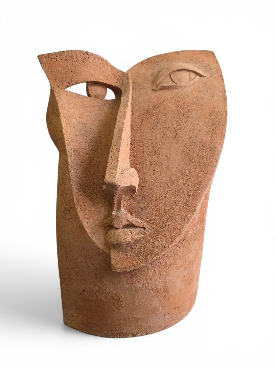 Sculpture de tête cubiste unique en terre cuite, années 1970