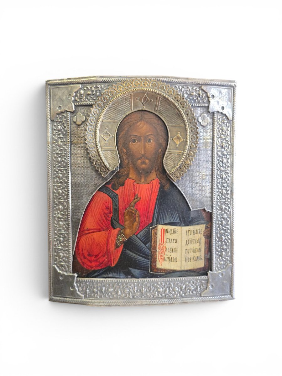Icône russe du Christ Pantocrator du XIXe siècle avec oklad en métal argenté-photo-2