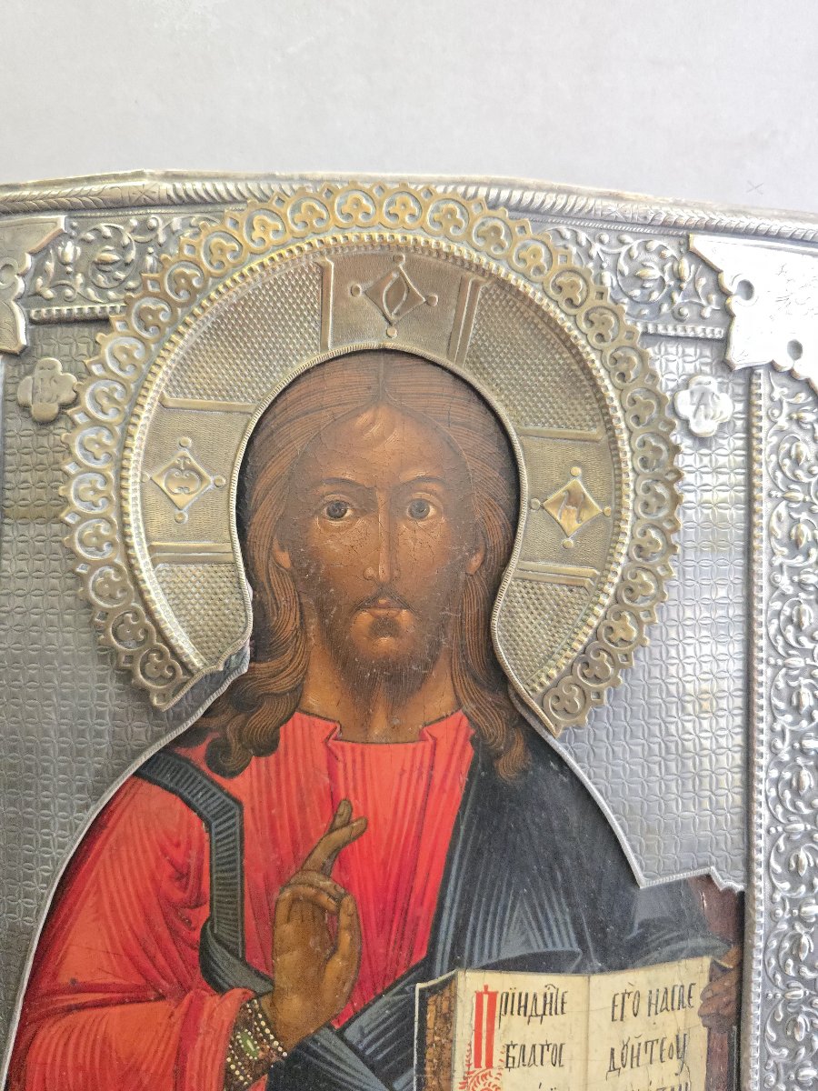 Icône russe du Christ Pantocrator du XIXe siècle avec oklad en métal argenté-photo-3