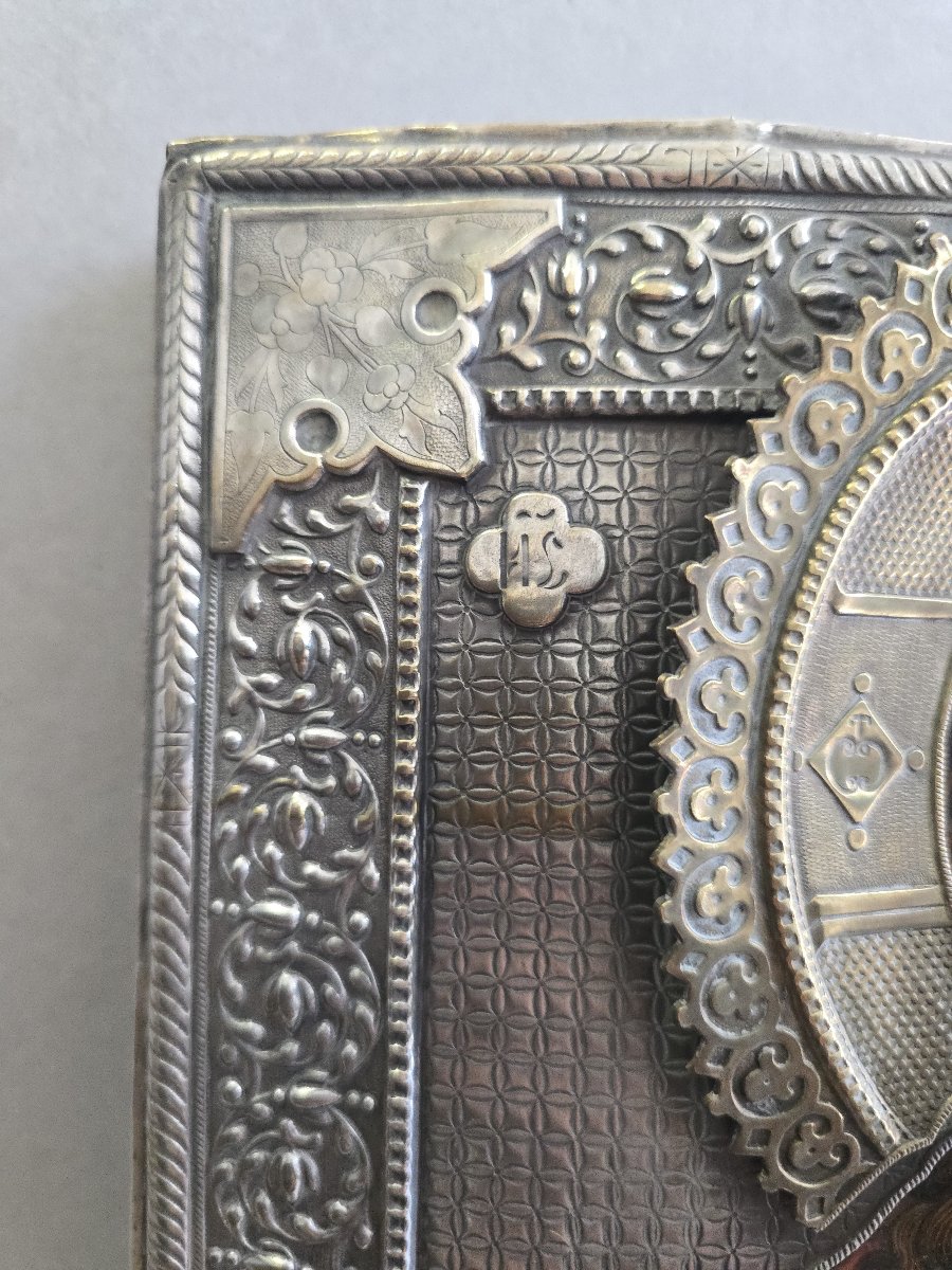 Icône russe du Christ Pantocrator du XIXe siècle avec oklad en métal argenté-photo-2