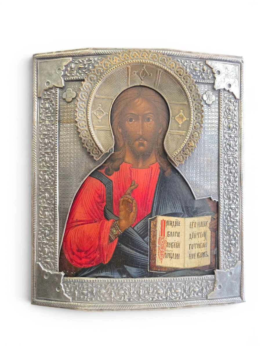 Icône russe du Christ Pantocrator du XIXe siècle avec oklad en métal argenté-photo-4
