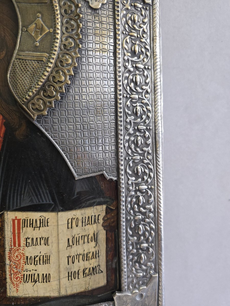 Icône russe du Christ Pantocrator du XIXe siècle avec oklad en métal argenté-photo-6
