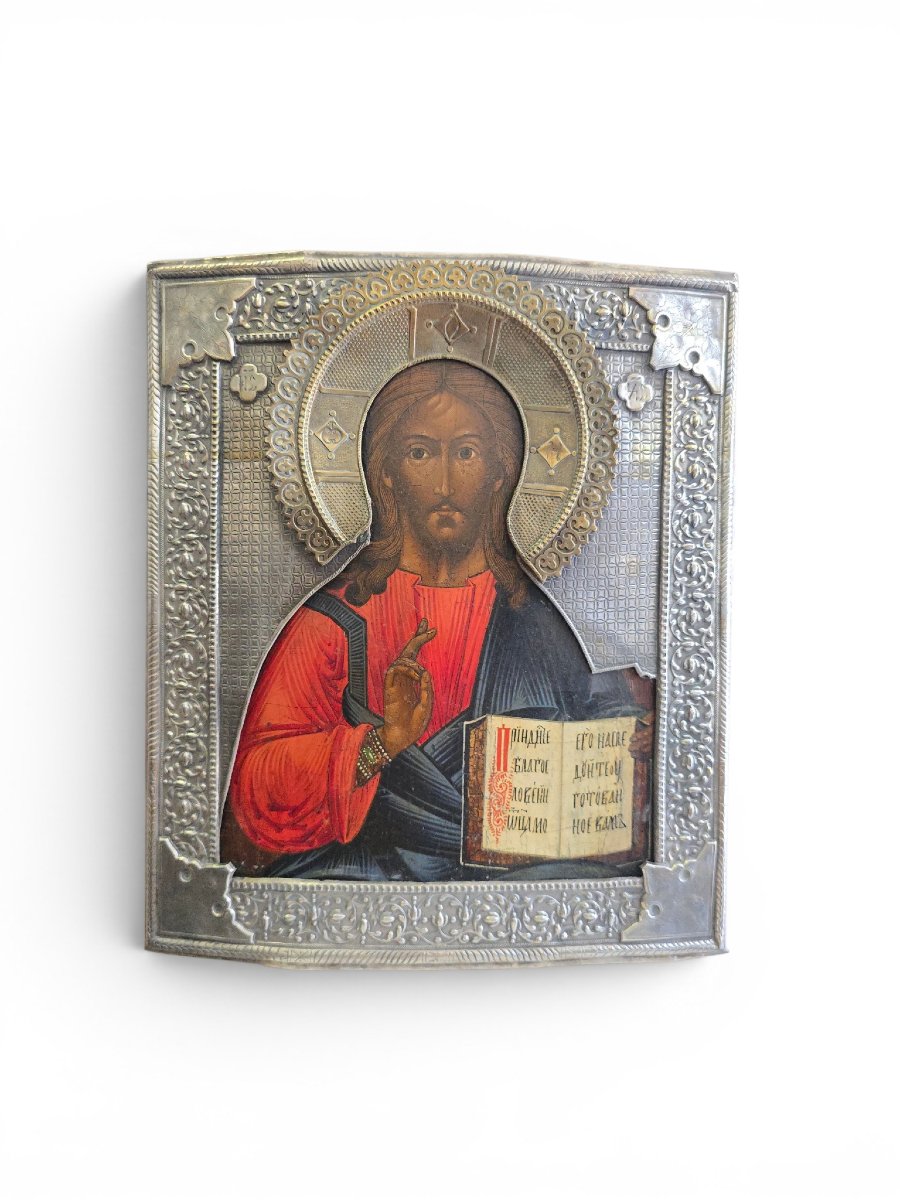 Icône russe du Christ Pantocrator du XIXe siècle avec oklad en métal argenté-photo-7