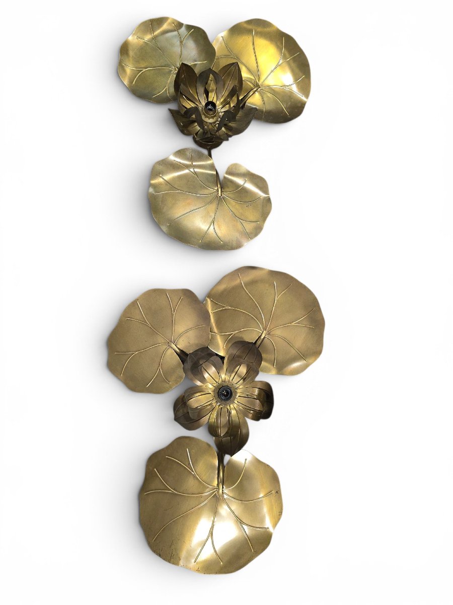 Paire d'appliques murales Maison Jansen en laiton doré, motif feuilles de lotus, années 1970-photo-4