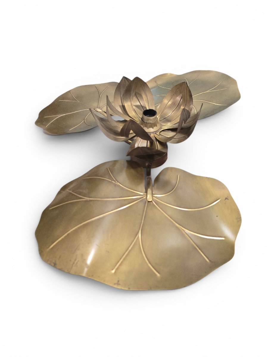 Paire d'appliques murales Maison Jansen en laiton doré, motif feuilles de lotus, années 1970-photo-3