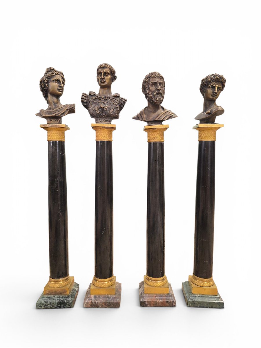 A Set Of Four 19th-century Black Marble Columns, Adorned With Gilded Bronze Mounts And