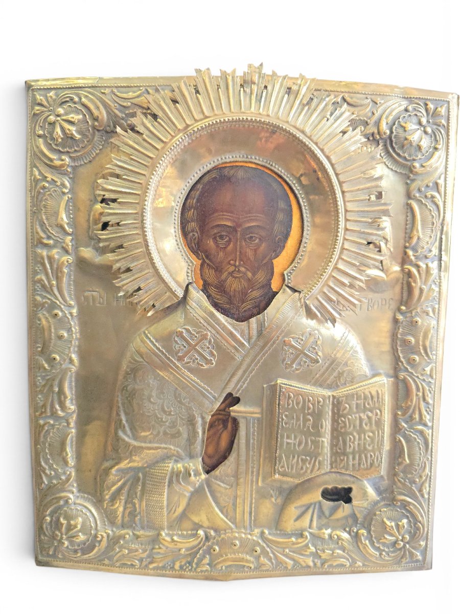 Icône russe de Saint Nicolas du XIXe siècle avec oklad en métal argenté-photo-4