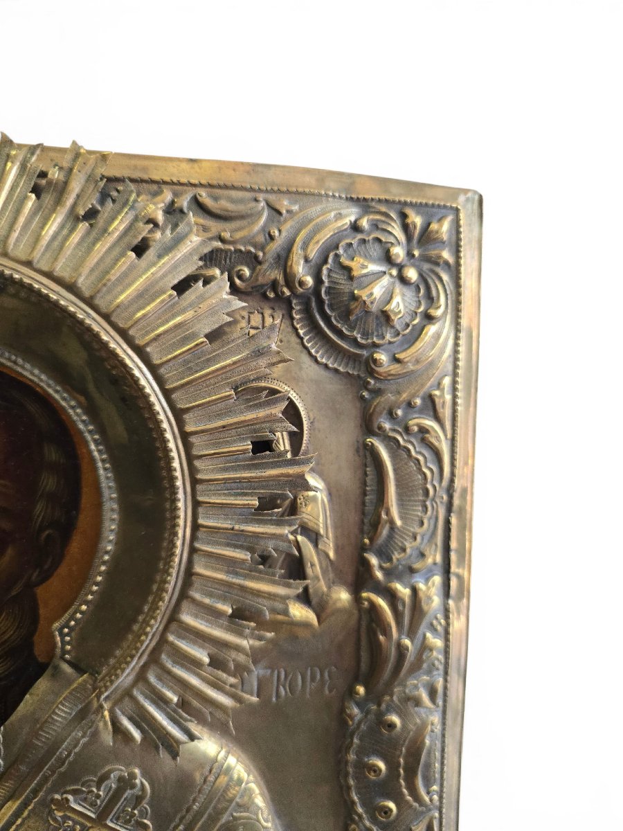 Icône russe de Saint Nicolas du XIXe siècle avec oklad en métal argenté-photo-5
