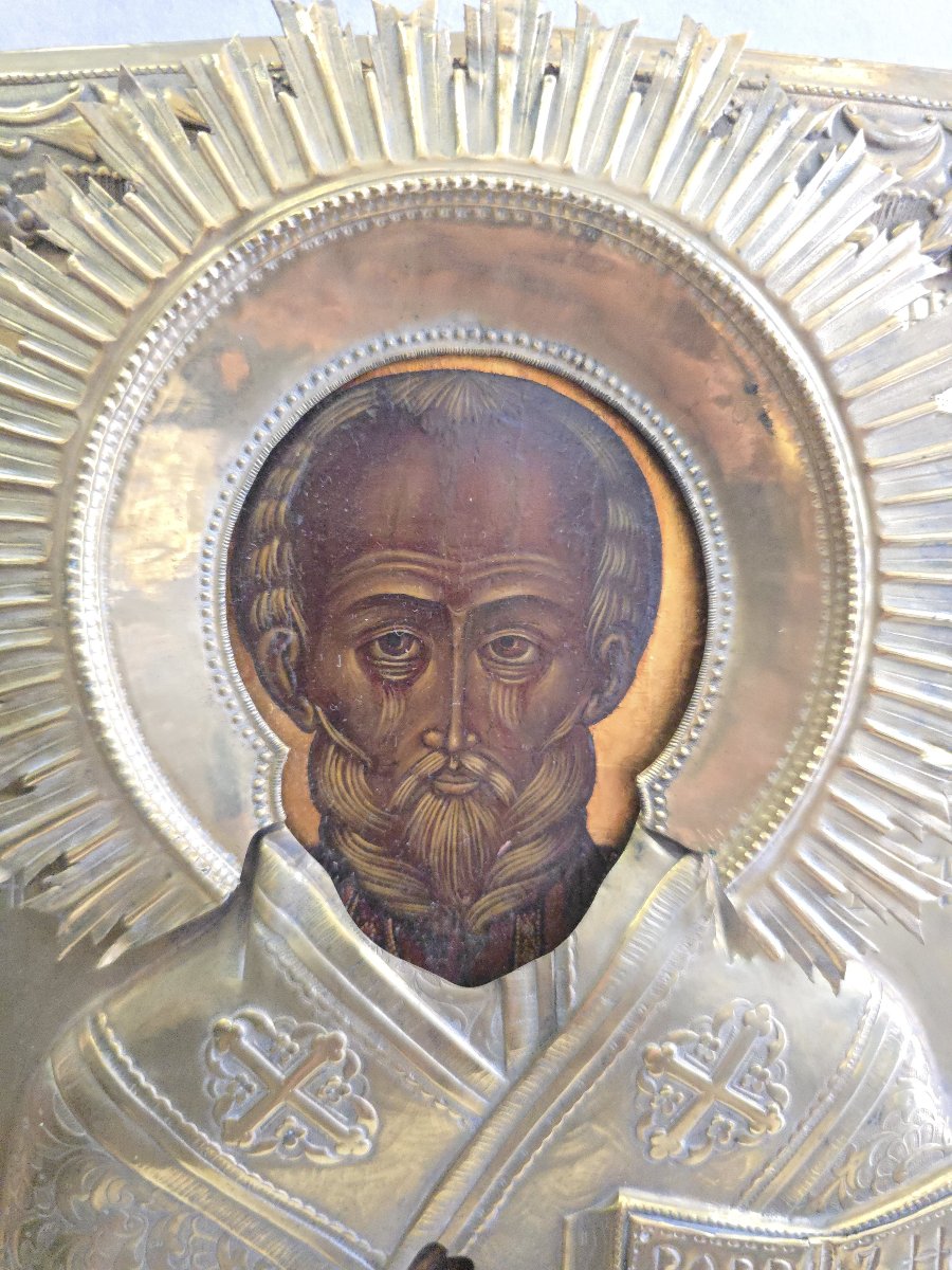 Icône russe de Saint Nicolas du XIXe siècle avec oklad en métal argenté-photo-6