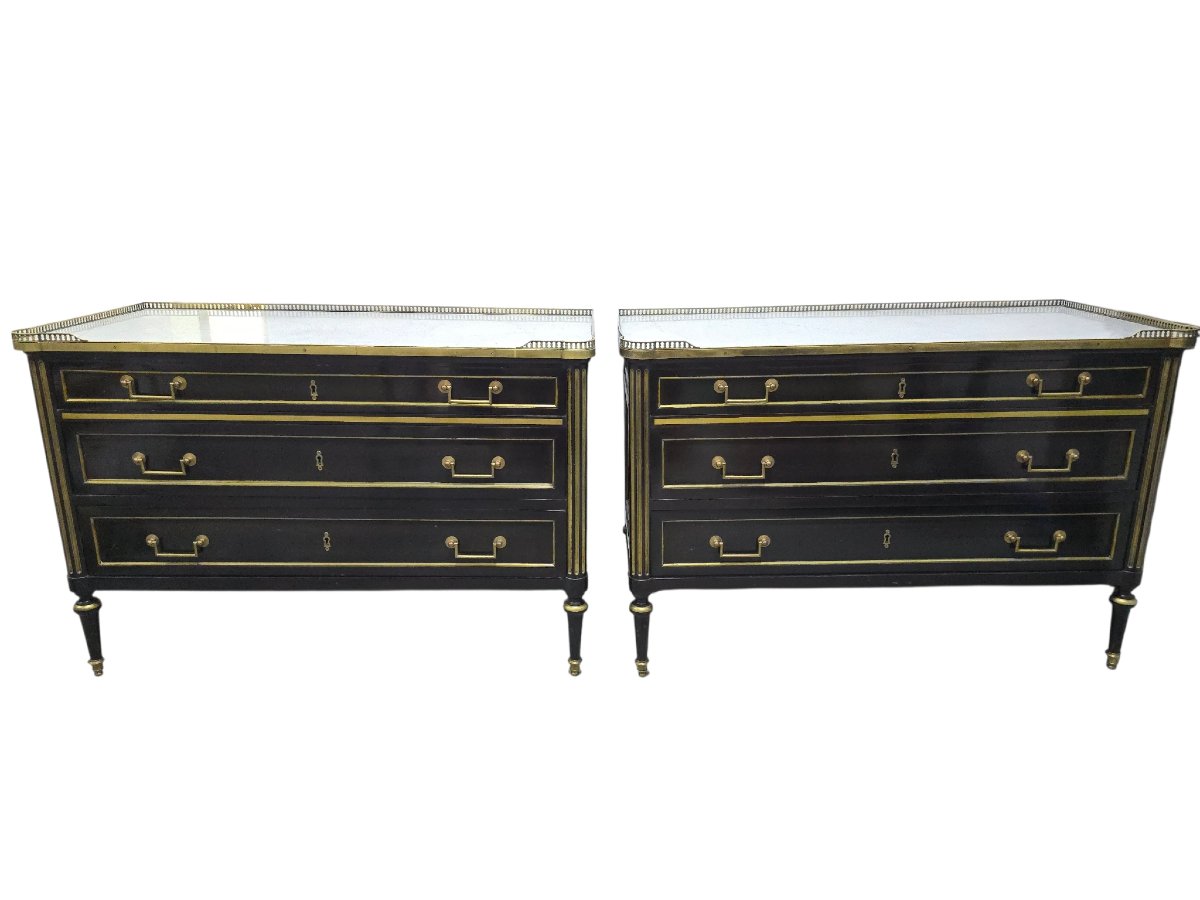 Paire de commodes ébène à plateaux de marbre et ornements en bronze doré, début du XXe siècle
