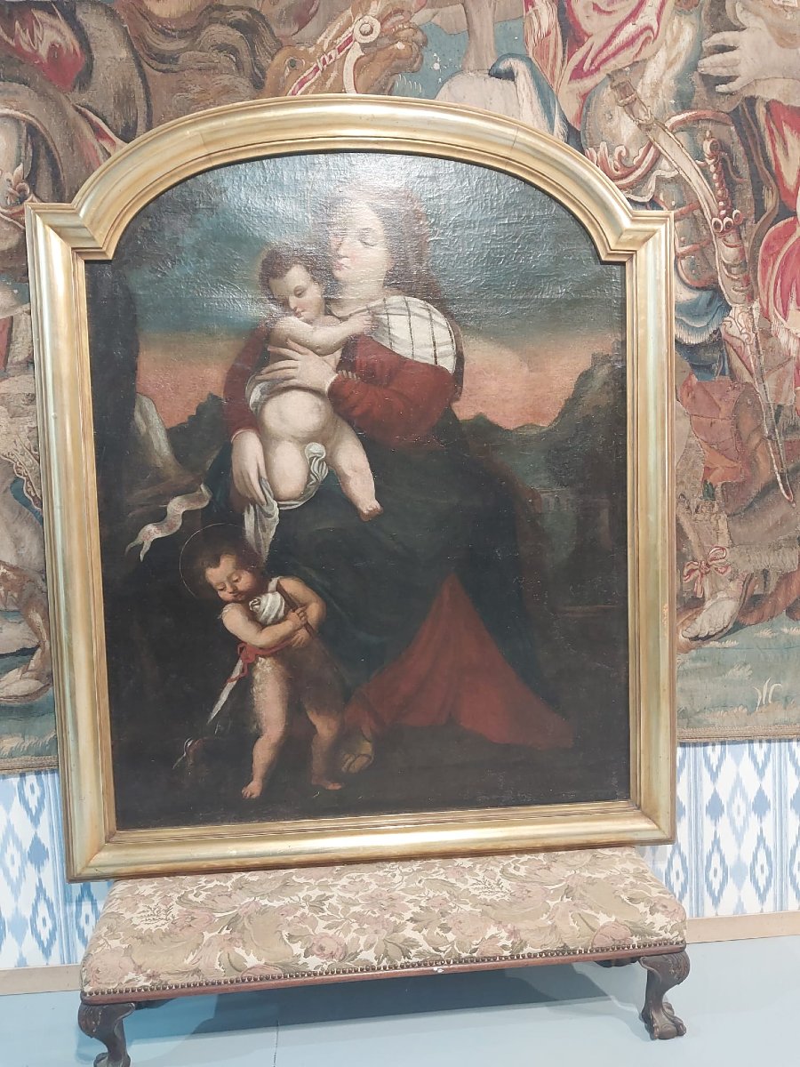 Huile sur toile de l'école italienne représentant la Vierge à l'Enfant avec le petit saint Jean-photo-2