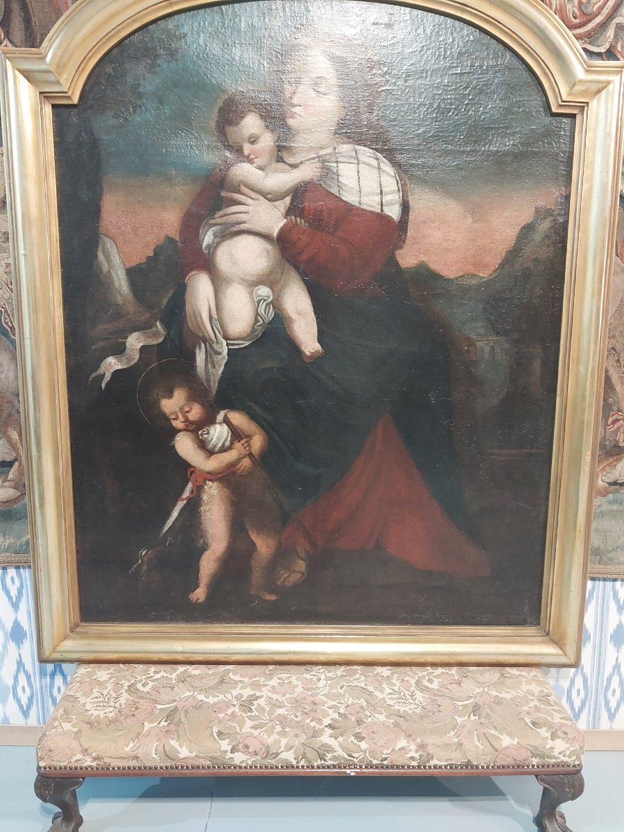 Huile sur toile de l'école italienne représentant la Vierge à l'Enfant avec le petit saint Jean-photo-4