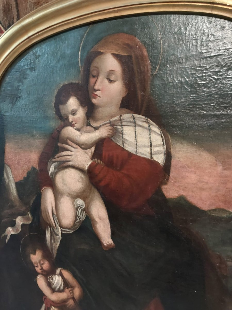 Huile sur toile de l'école italienne représentant la Vierge à l'Enfant avec le petit saint Jean-photo-4