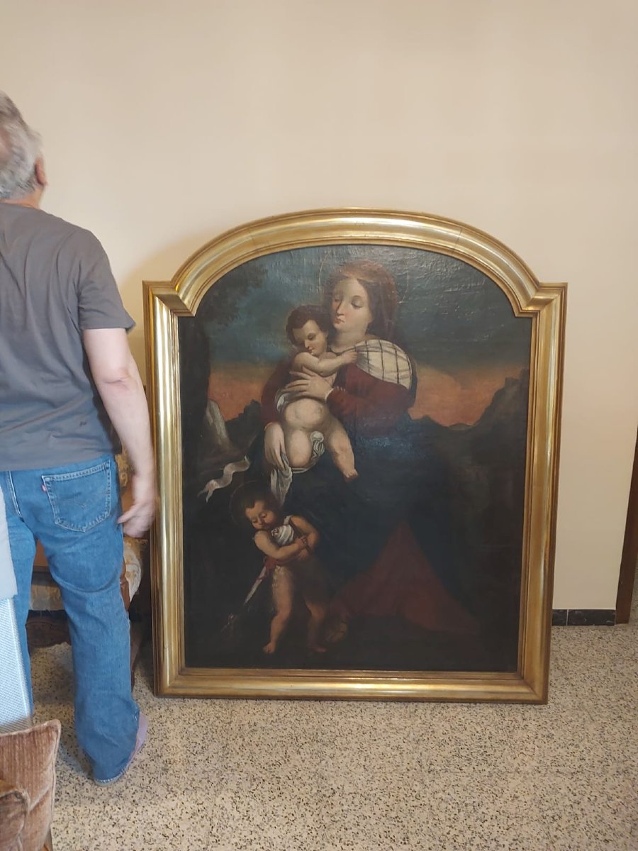 Huile sur toile de l'école italienne représentant la Vierge à l'Enfant avec le petit saint Jean-photo-5