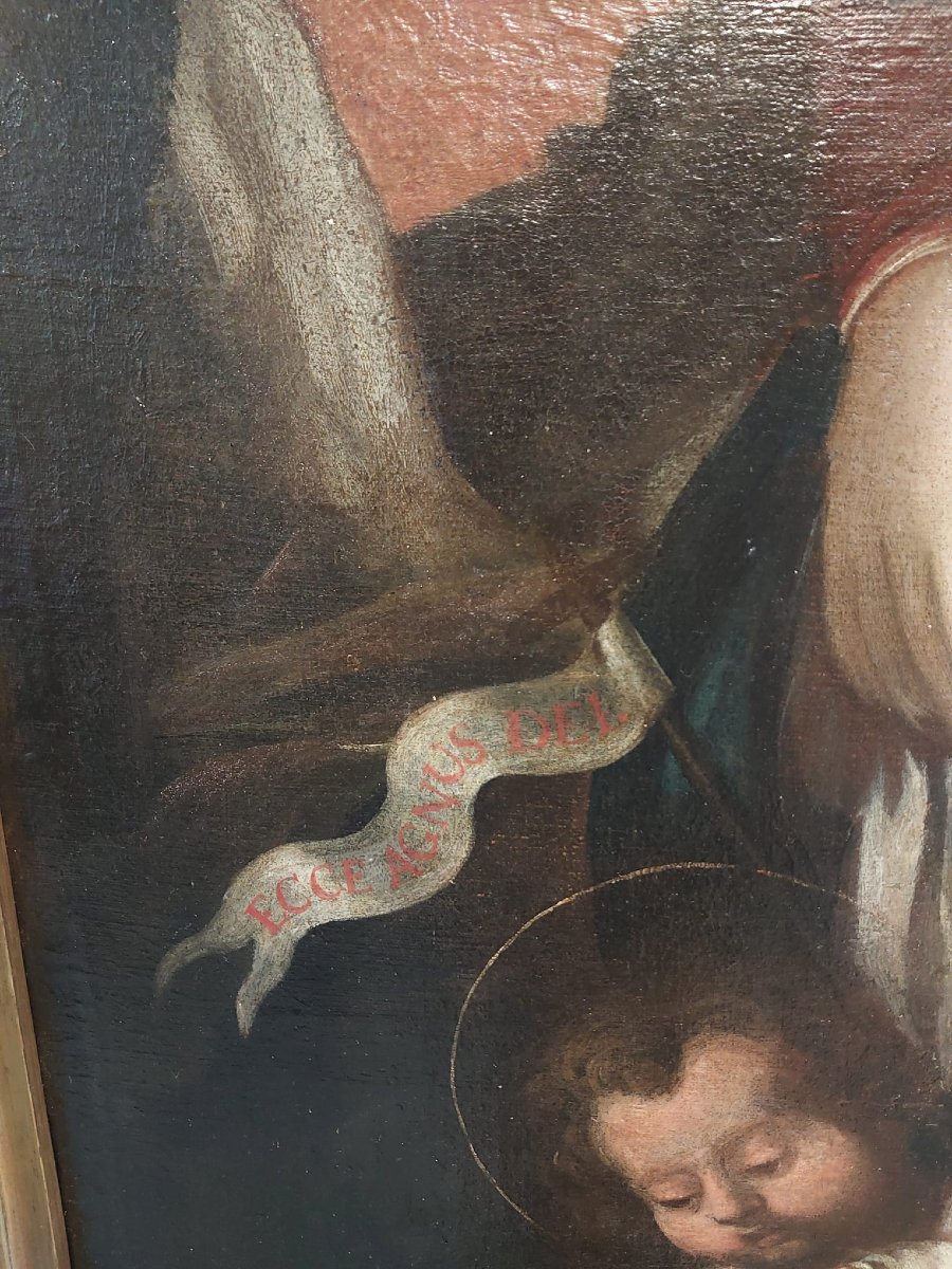 Huile sur toile de l'école italienne représentant la Vierge à l'Enfant avec le petit saint Jean-photo-6