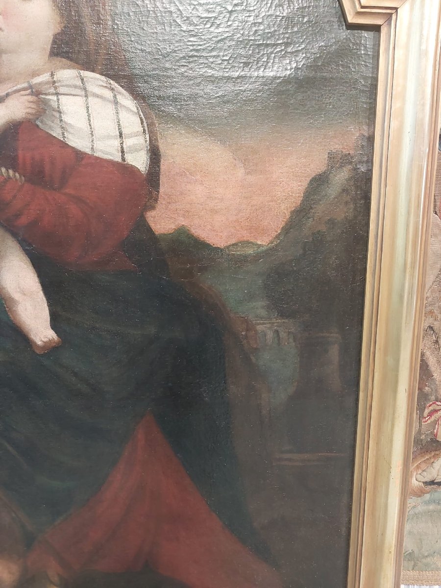 Huile sur toile de l'école italienne représentant la Vierge à l'Enfant avec le petit saint Jean-photo-7