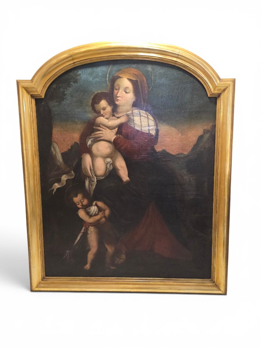 Huile sur toile de l'école italienne représentant la Vierge à l'Enfant avec le petit saint Jean-photo-8