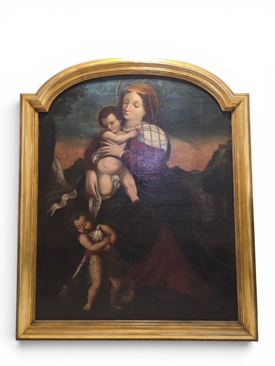 Huile sur toile de l'école italienne représentant la Vierge à l'Enfant avec le petit saint Jean