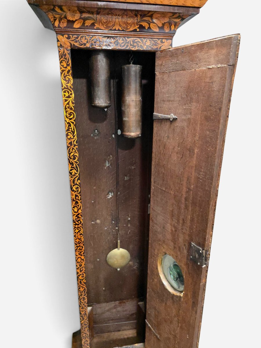 Pendule de parquet exceptionnelle de style Guillaume et Marie, marqueterie de Joseph Windmills,-photo-3