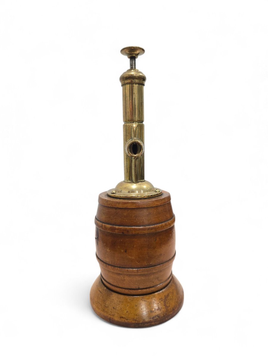 Antique Cigar Cutter Made Of Wood And Gilded Brass, Barrel-shaped, Circa 1900-photo-2