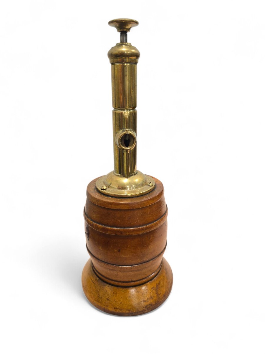 Antique Cigar Cutter Made Of Wood And Gilded Brass, Barrel-shaped, Circa 1900-photo-3
