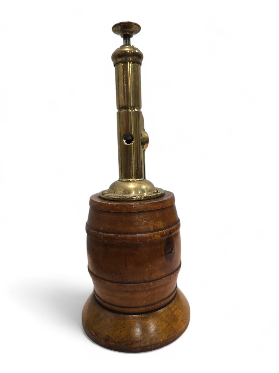 Antique Cigar Cutter Made Of Wood And Gilded Brass, Barrel-shaped, Circa 1900-photo-3