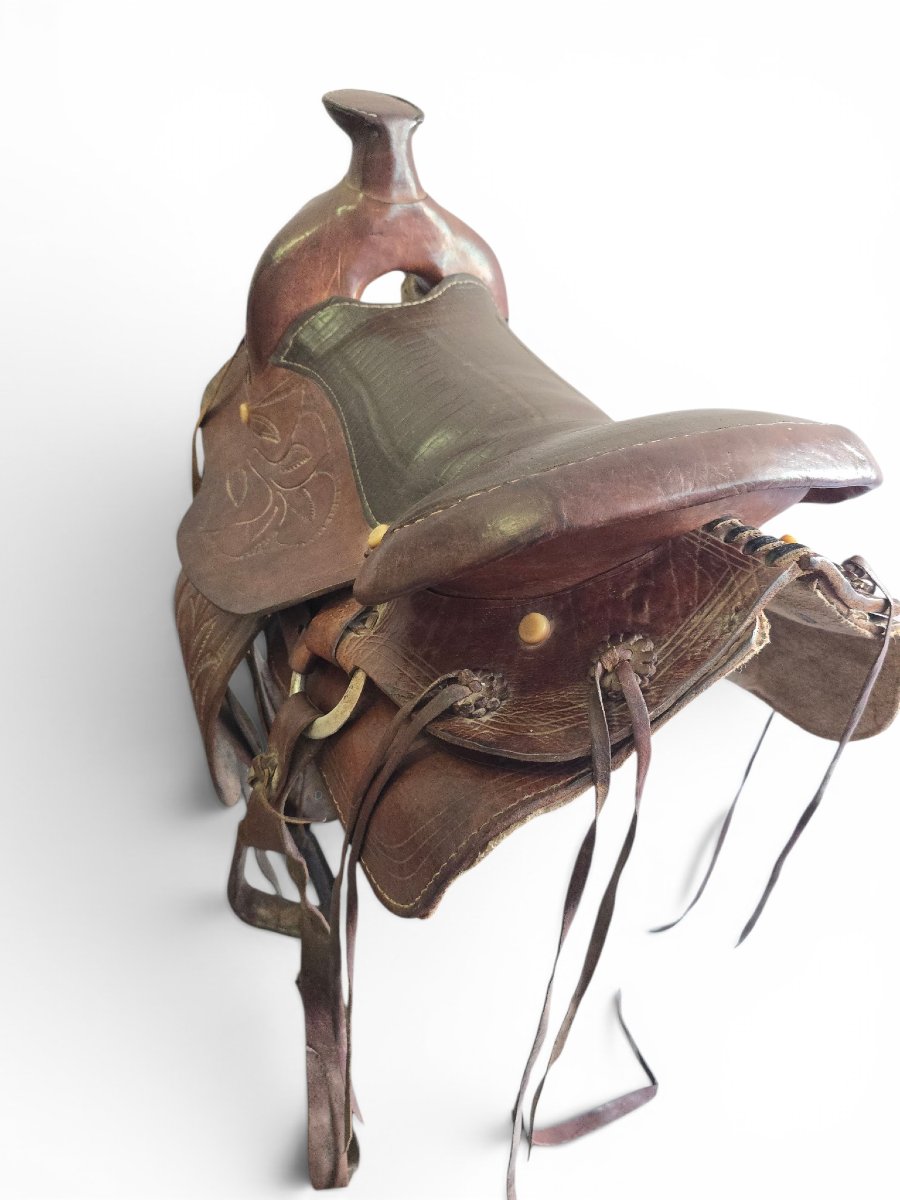 Selle d'équitation vintage en cuir travaillé à la main, années 1950-photo-3