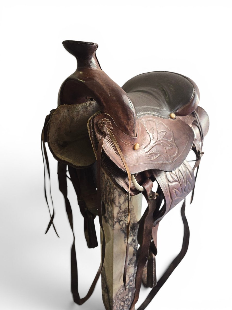 Selle d'équitation vintage en cuir travaillé à la main, années 1950-photo-3