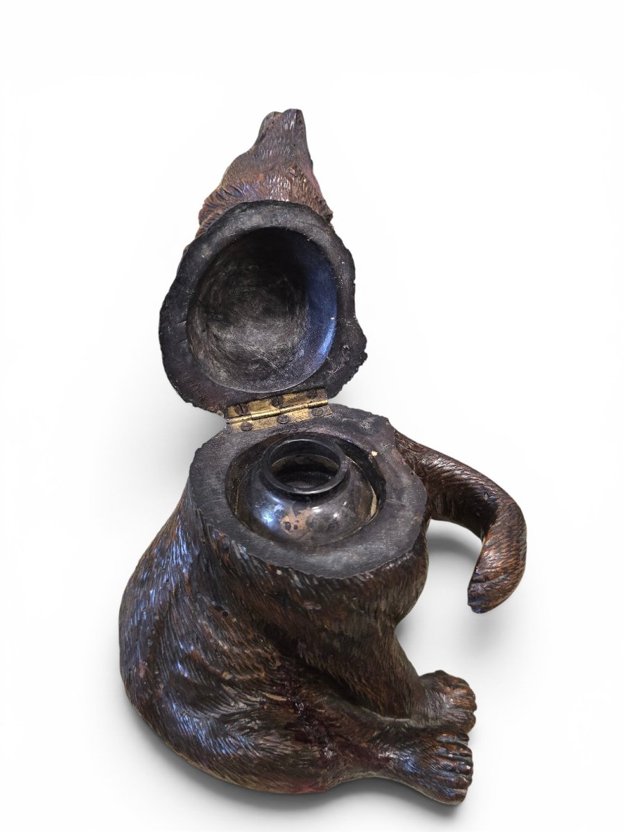 Encrier en forme d'ours sculpté de la Forêt-Noire, XIXe siècle, avec yeux en verre et encrier d-photo-3