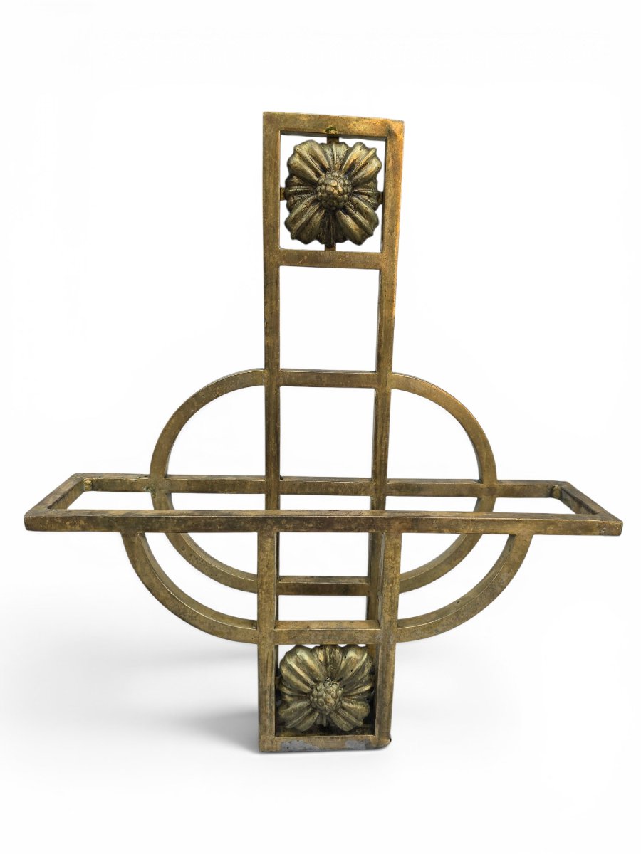 Art Nouveau Wall-mounted Magazine Rack In Gilded Brass, Early 20th Century-photo-3