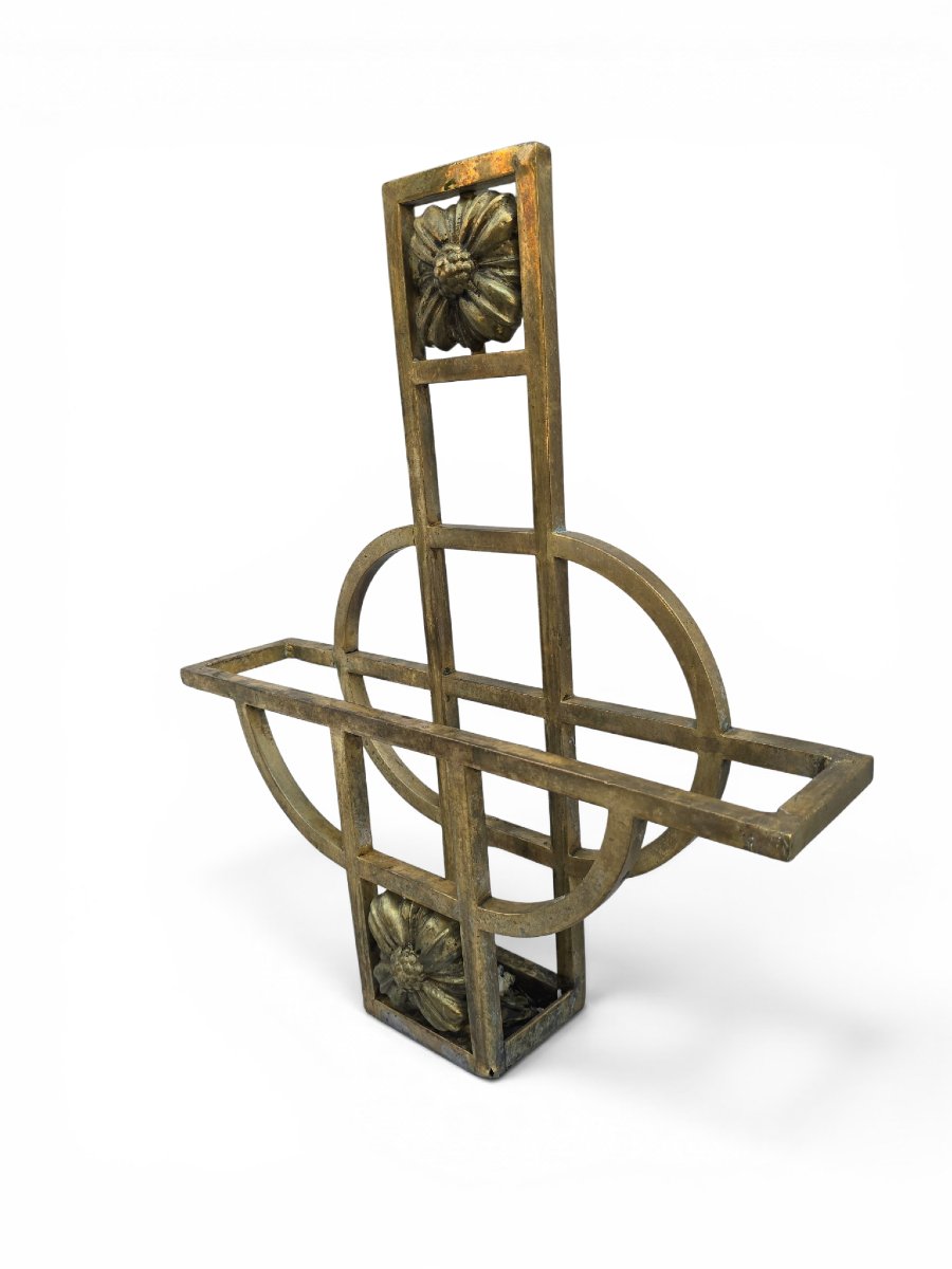 Art Nouveau Wall-mounted Magazine Rack In Gilded Brass, Early 20th Century-photo-4