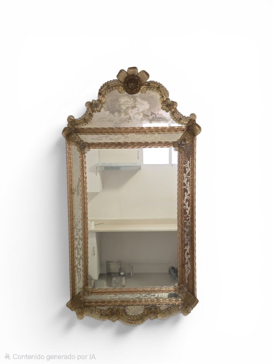 Venetian Wall Mirror Made Of Murano Glass, Adorned With Floral Engravings And Amber Accents, 20th Century