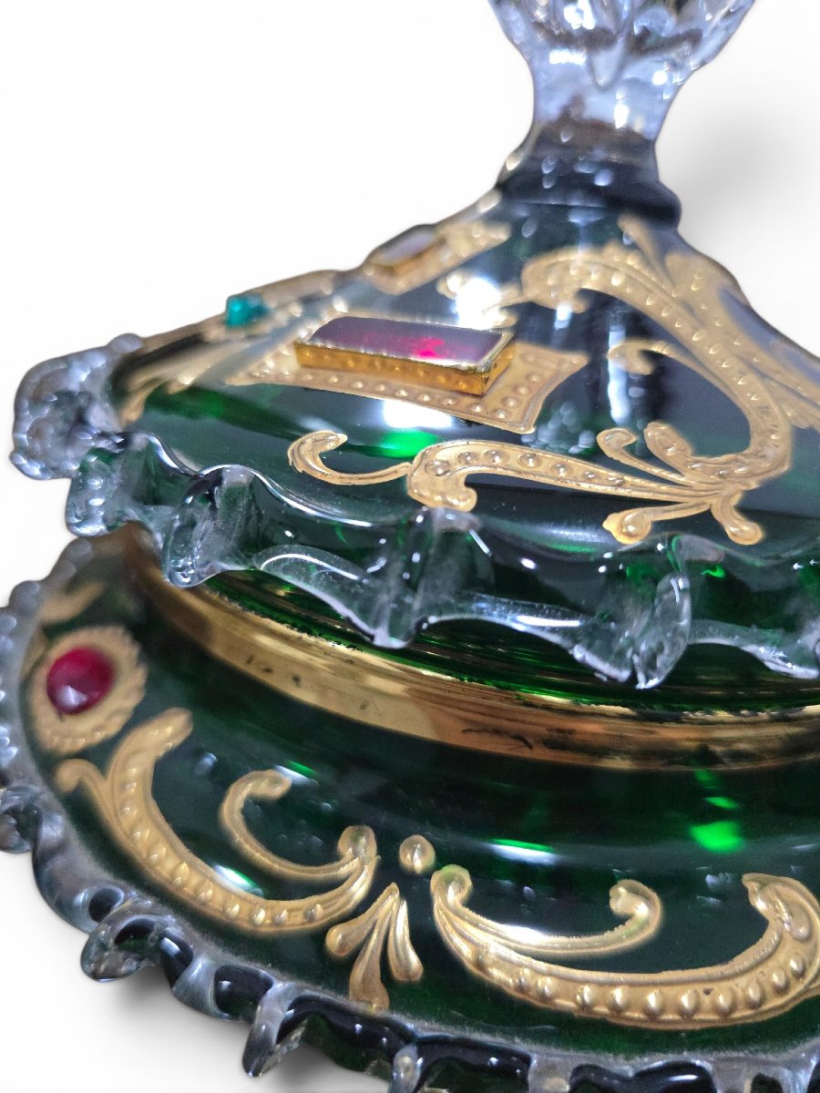 Venetian Candy Box With An Emerald-green Glass Lid, Adorned With Gilding And Precious Stones-photo-3