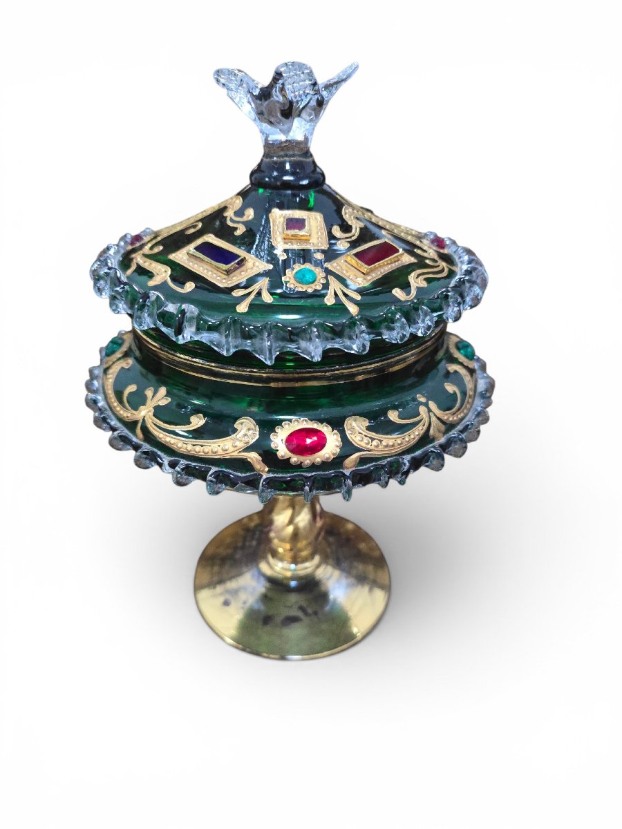 Venetian Candy Box With An Emerald-green Glass Lid, Adorned With Gilding And Precious Stones-photo-3