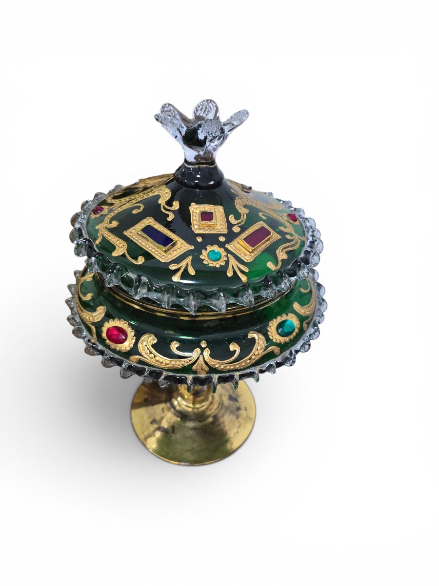 Venetian Candy Box With An Emerald-green Glass Lid, Adorned With Gilding And Precious Stones-photo-5