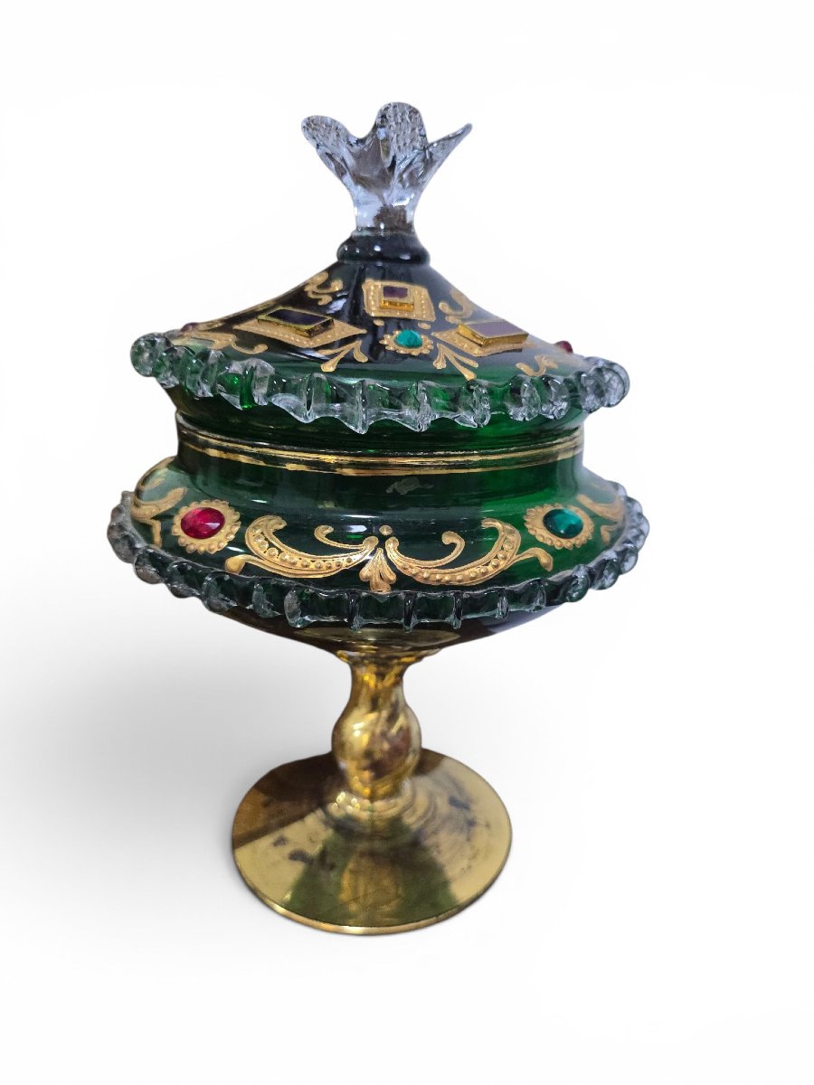 Venetian Candy Box With An Emerald-green Glass Lid, Adorned With Gilding And Precious Stones-photo-7