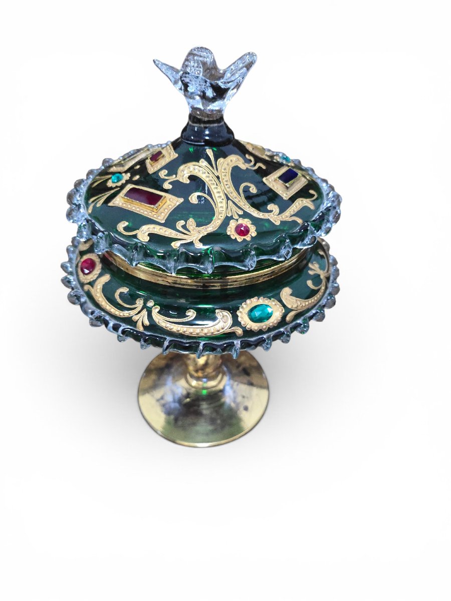 Venetian Candy Box With An Emerald-green Glass Lid, Adorned With Gilding And Precious Stones