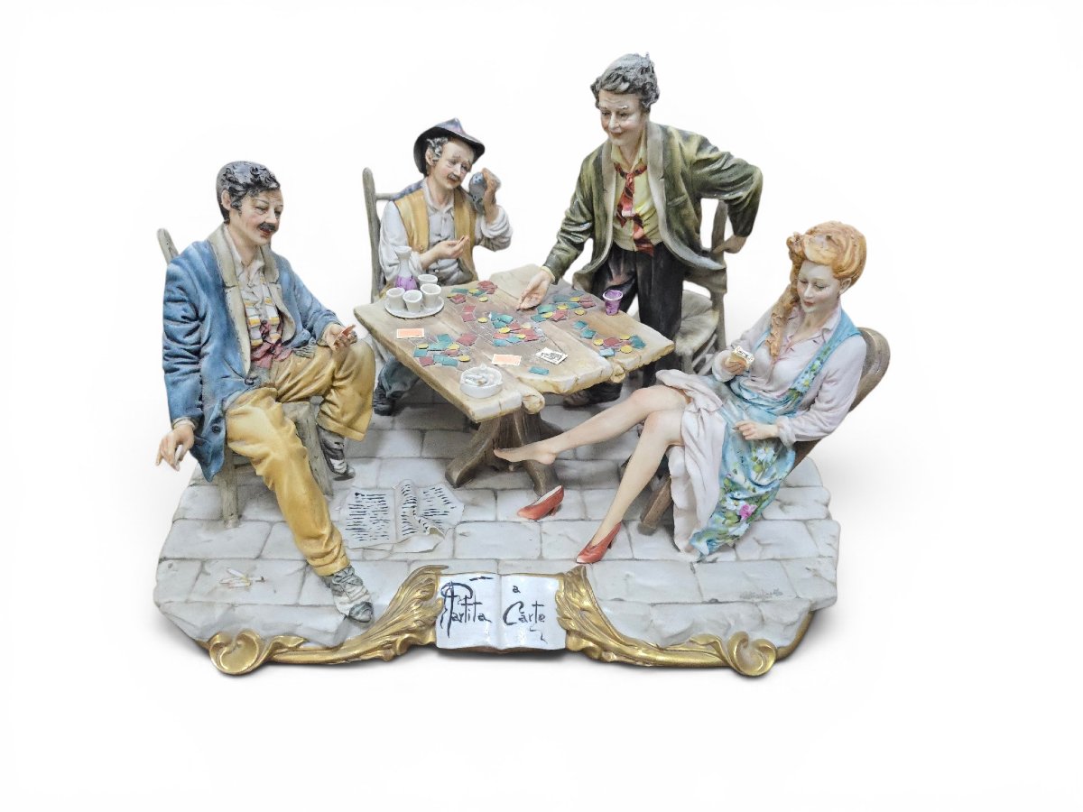 Large Figurative Group In Capodimonte Porcelain, “partita A Carte” – The Card Game, Italy-photo-1