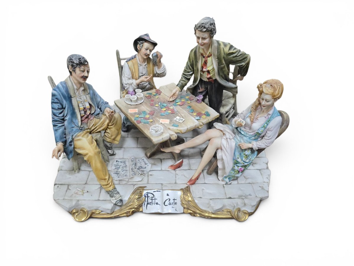 Large Figurative Group In Capodimonte Porcelain, “partita A Carte” – The Card Game, Italy-photo-4