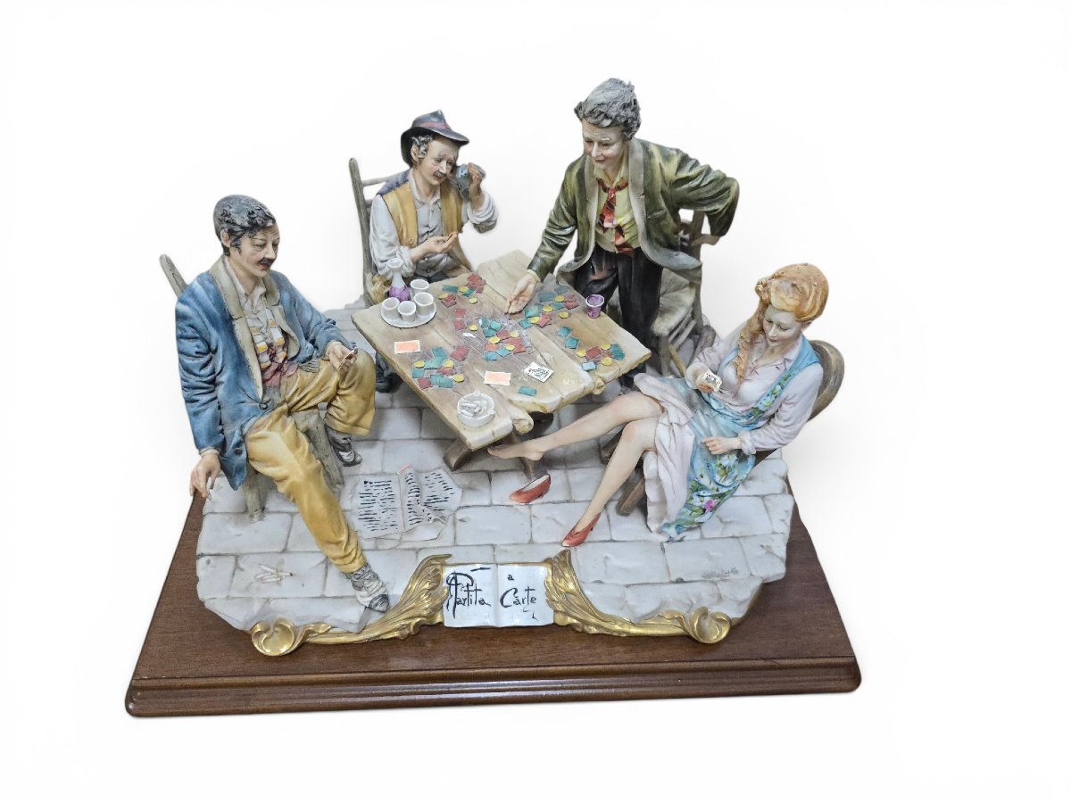 Large Figurative Group In Capodimonte Porcelain, “partita A Carte” – The Card Game, Italy