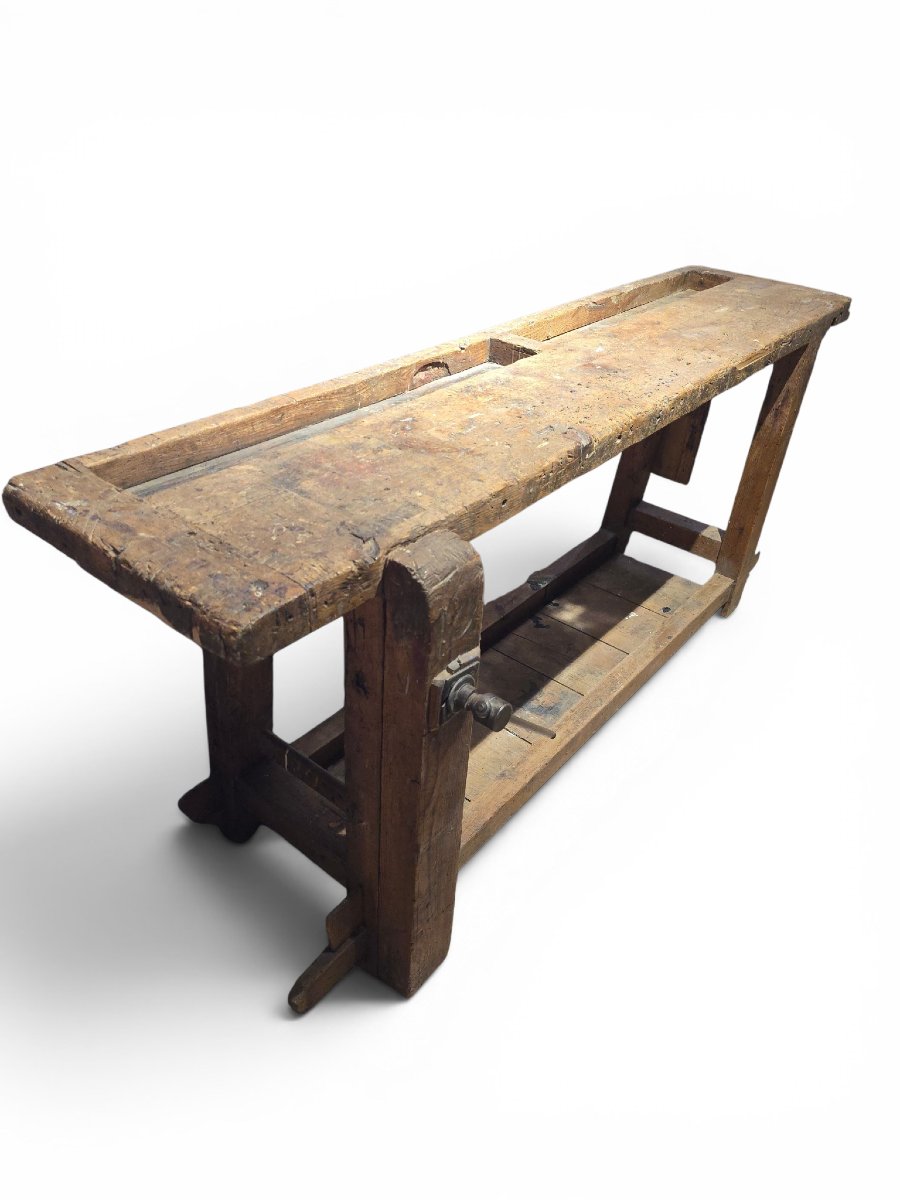 Établi de menuisier du XIXe siècle en bois massif avec patine d'origine-photo-4