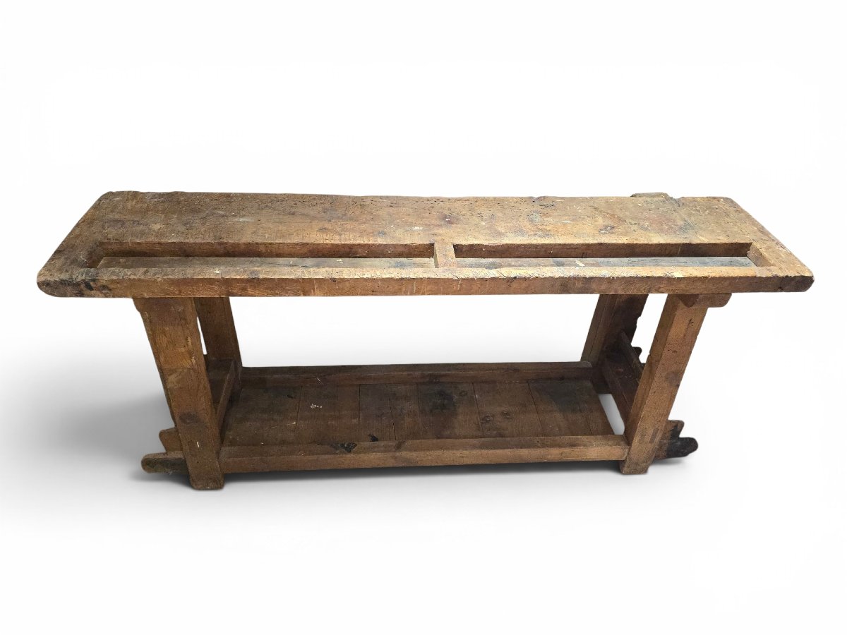 Établi de menuisier du XIXe siècle en bois massif avec patine d'origine-photo-2