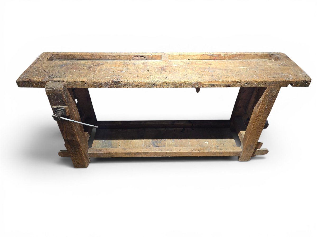 Établi de menuisier du XIXe siècle en bois massif avec patine d'origine-photo-3