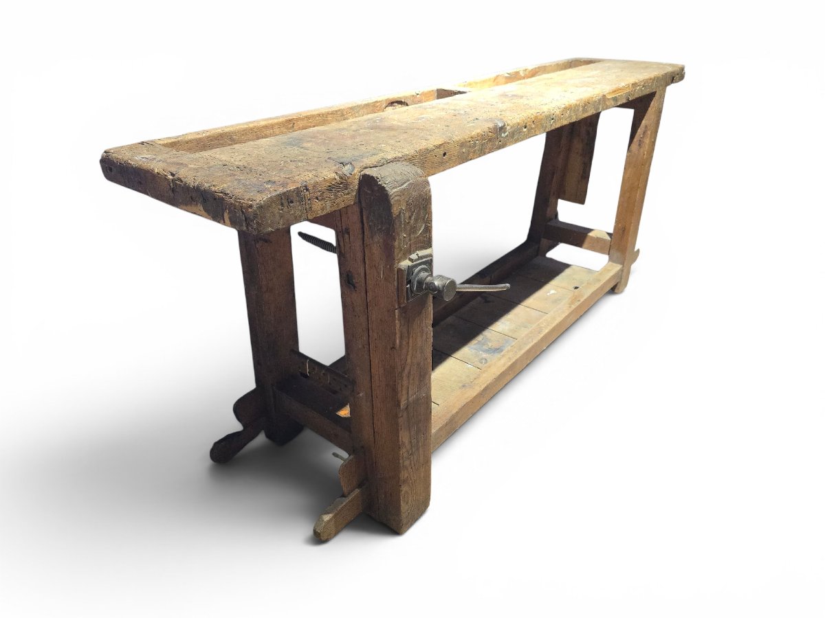 Établi de menuisier du XIXe siècle en bois massif avec patine d'origine-photo-5