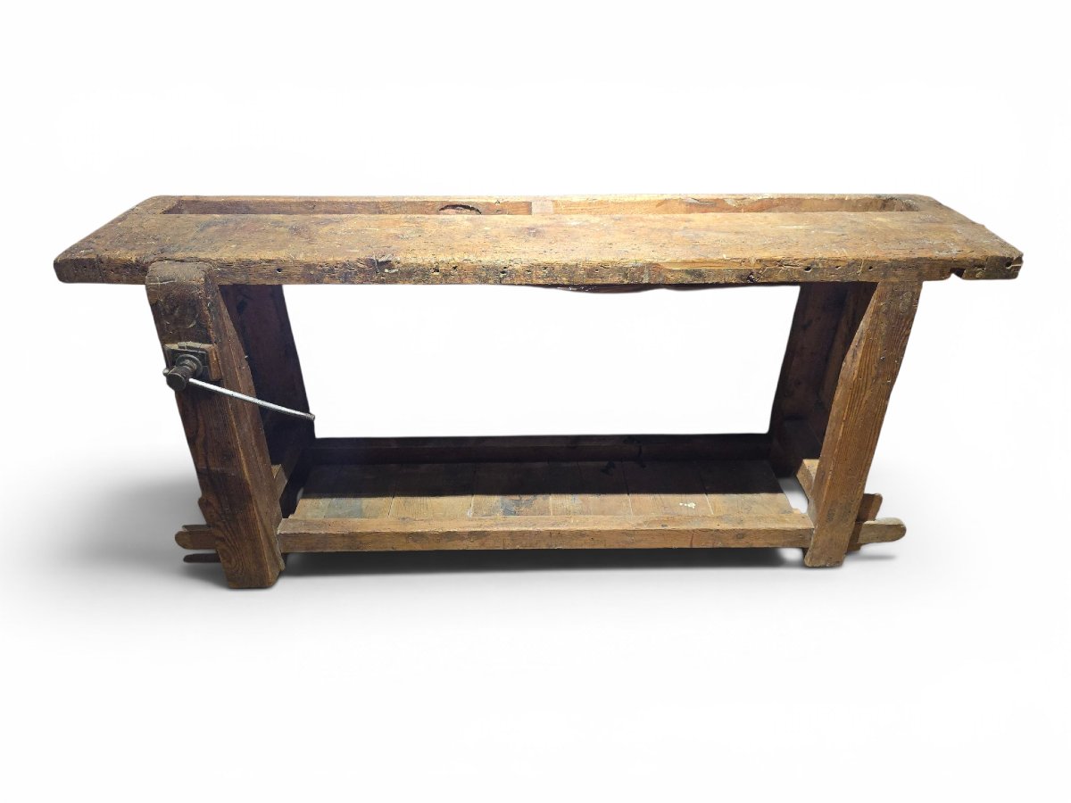 Établi de menuisier du XIXe siècle en bois massif avec patine d'origine-photo-6