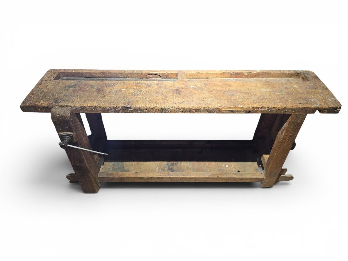 Établi de menuisier du XIXe siècle en bois massif avec patine d'origine