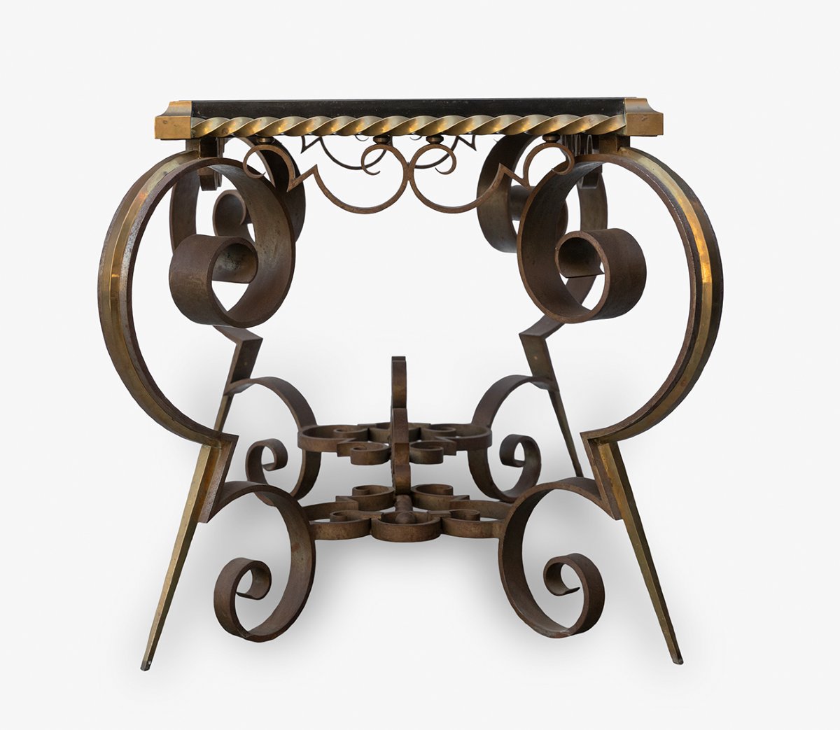 Table basse française des années 1970 en marbre noir belge, bronze doré et fer forgé-photo-3