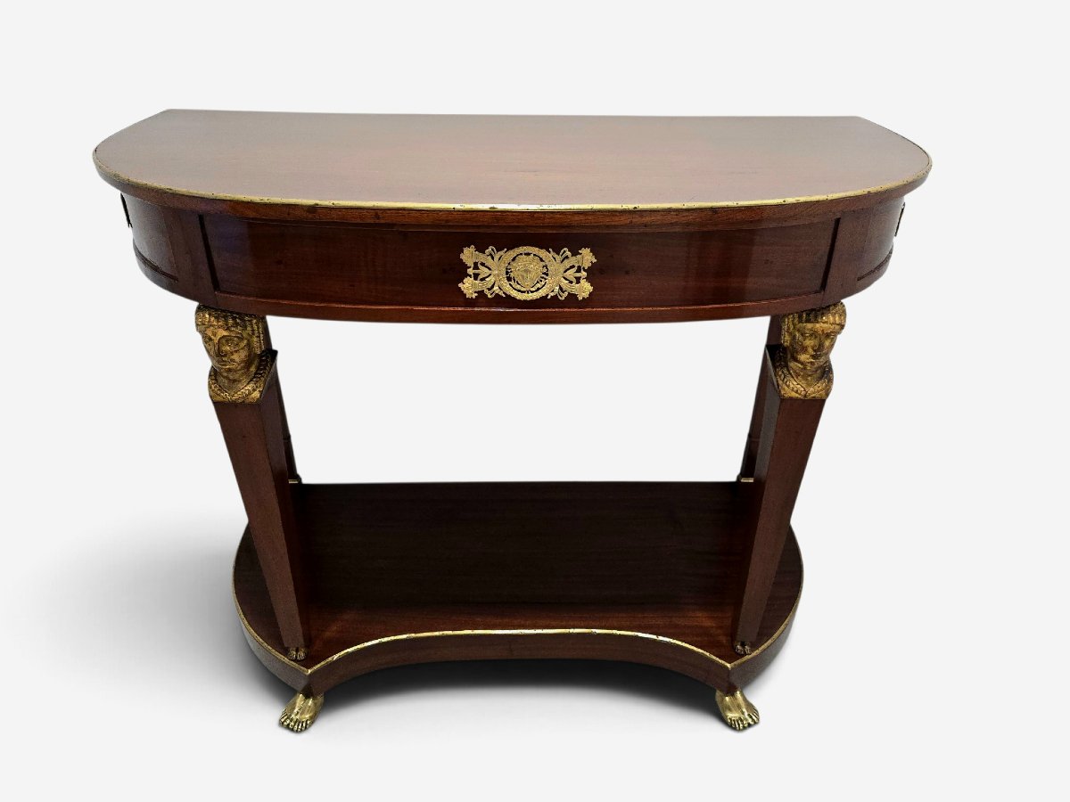 French Empire-style Half-moon Console Table, Decorated With Gilded Bronze And Gilded Caryatids, 19th Century-photo-2
