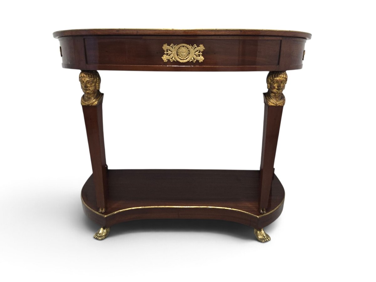French Empire-style Half-moon Console Table, Decorated With Gilded Bronze And Gilded Caryatids, 19th Century-photo-3
