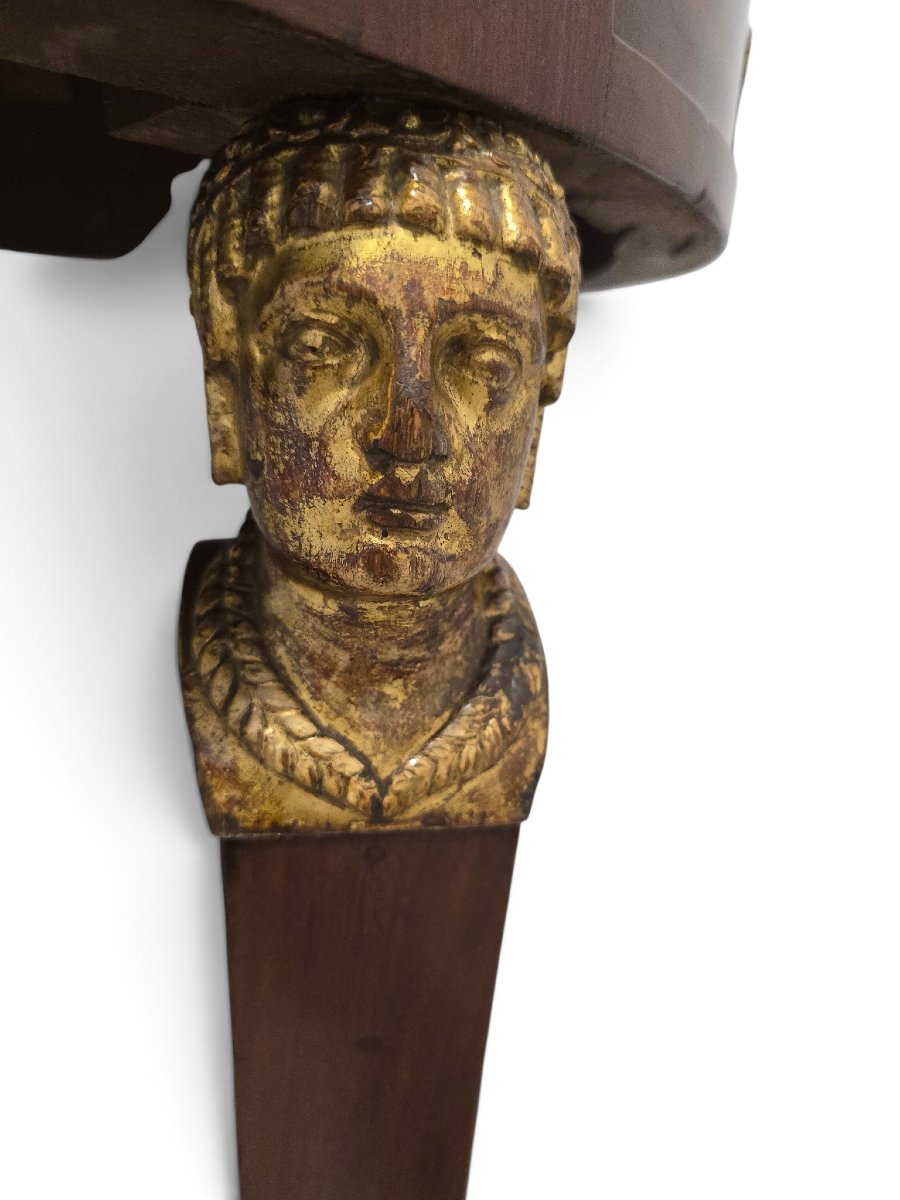 French Empire-style Half-moon Console Table, Decorated With Gilded Bronze And Gilded Caryatids, 19th Century-photo-1